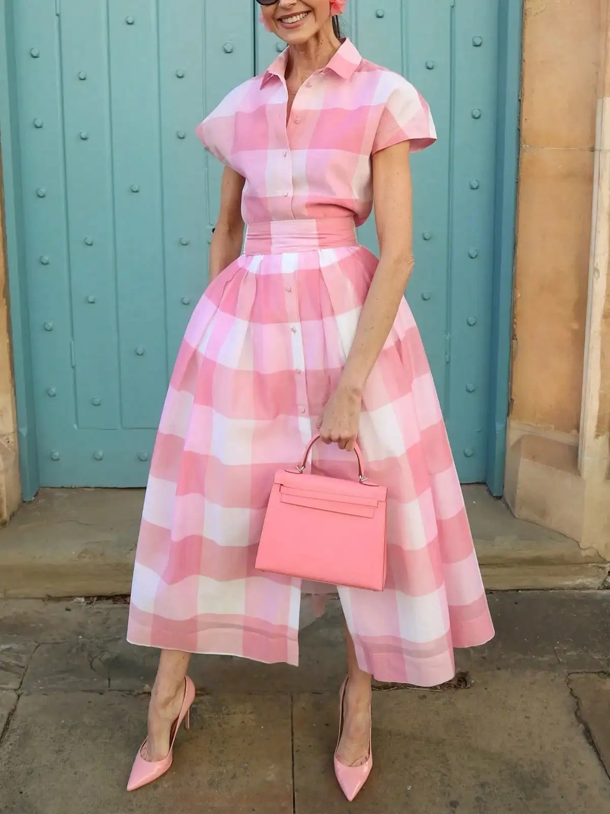 

Pink and White Gingham Shirt Dress with A-Line Skirt and Cap Sleeves