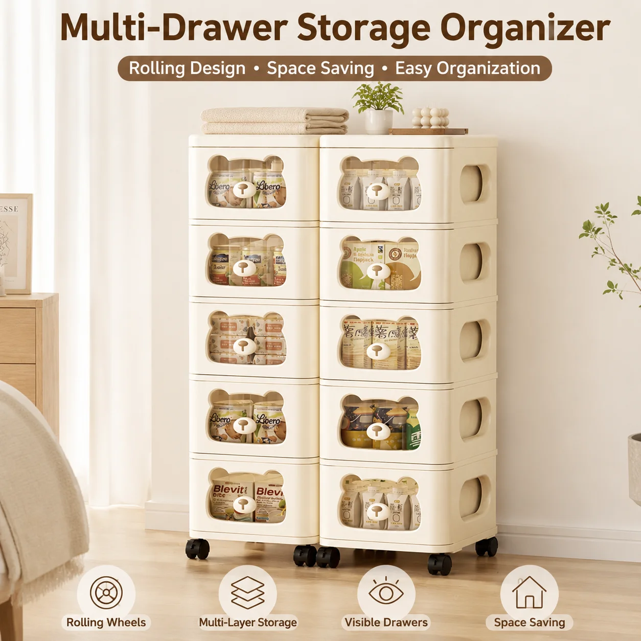 Renter Friendly Double Column Plastic Drawer Storage Cabinet Rolling Multi Drawer Organizer with Visible Window Wheels Stackable Storage Dresser for Bedroom Nursery Dorm