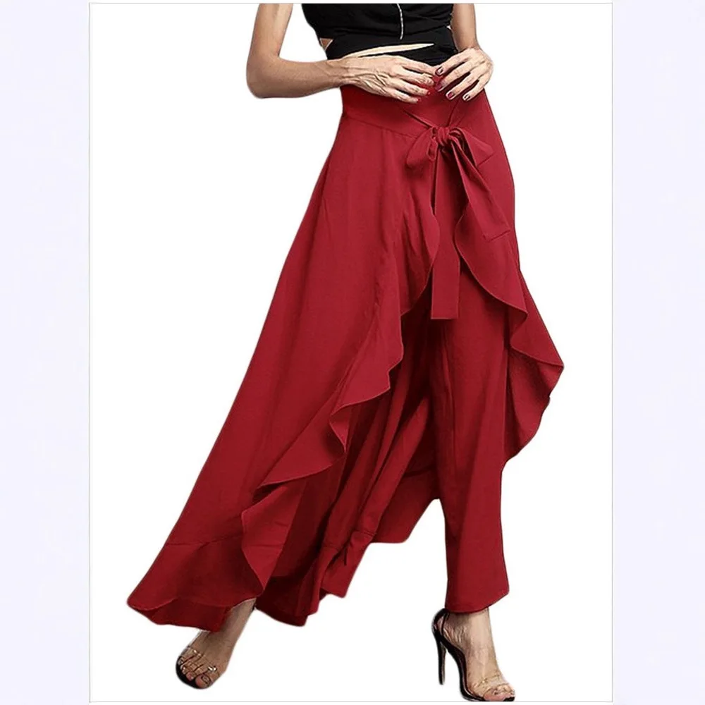 Women High Waist Flowy Pants Spring New Large Size Chiffon Wide Leg Trousers