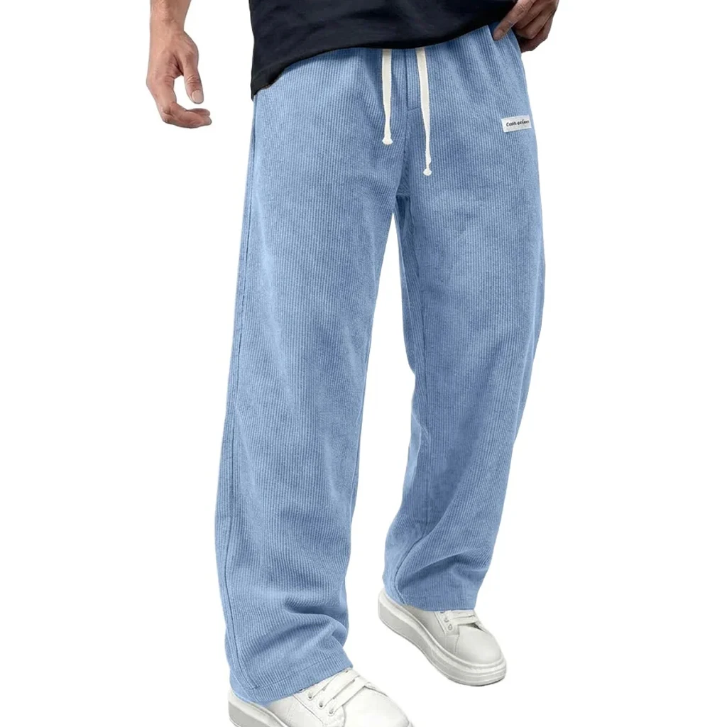 Mens Corduroy Casual Pants Drawstring Elastic Waist Straight Leg Sweatpants Loose Fit Joggers with Pockets Ideal for Work Wear