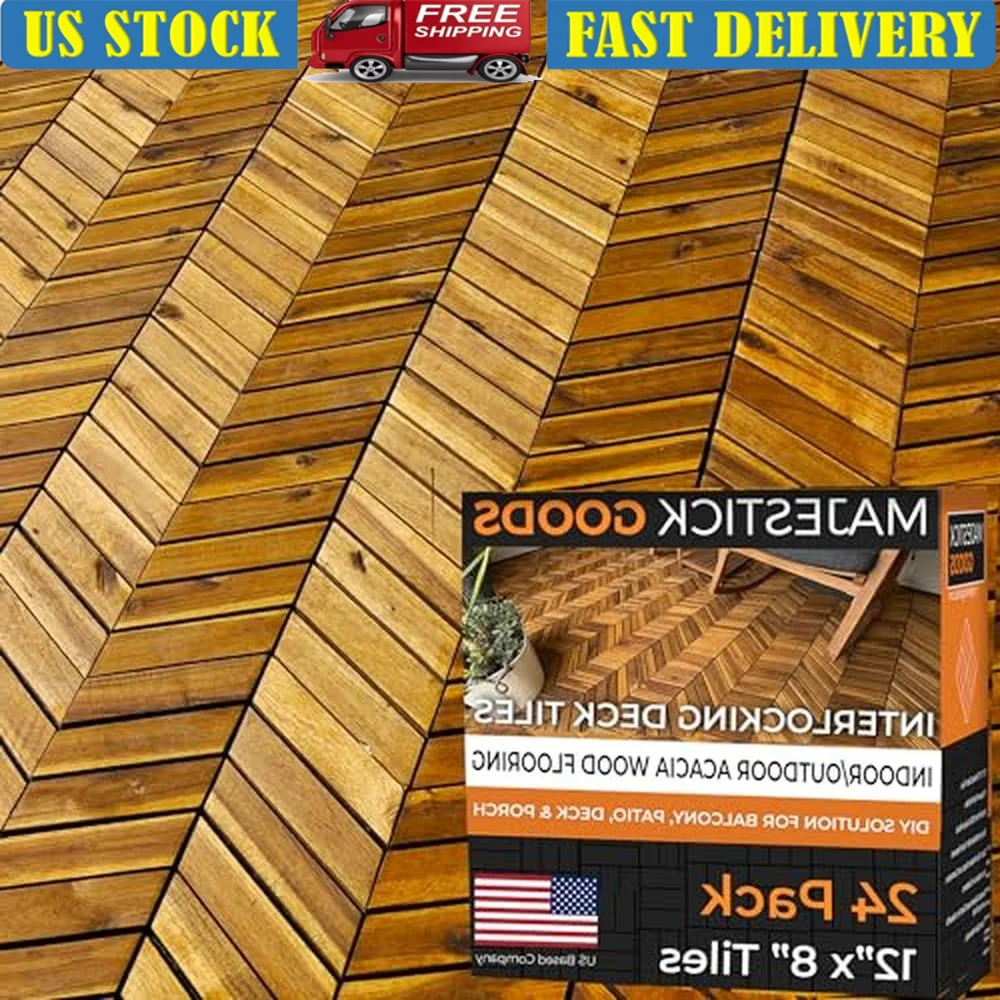 Interlocking Deck Tiles Acacia Wood Herringbone Non-Slip Outdoor Flooring Easy Installation Patio Balcony Renovation 18 Sq Ft