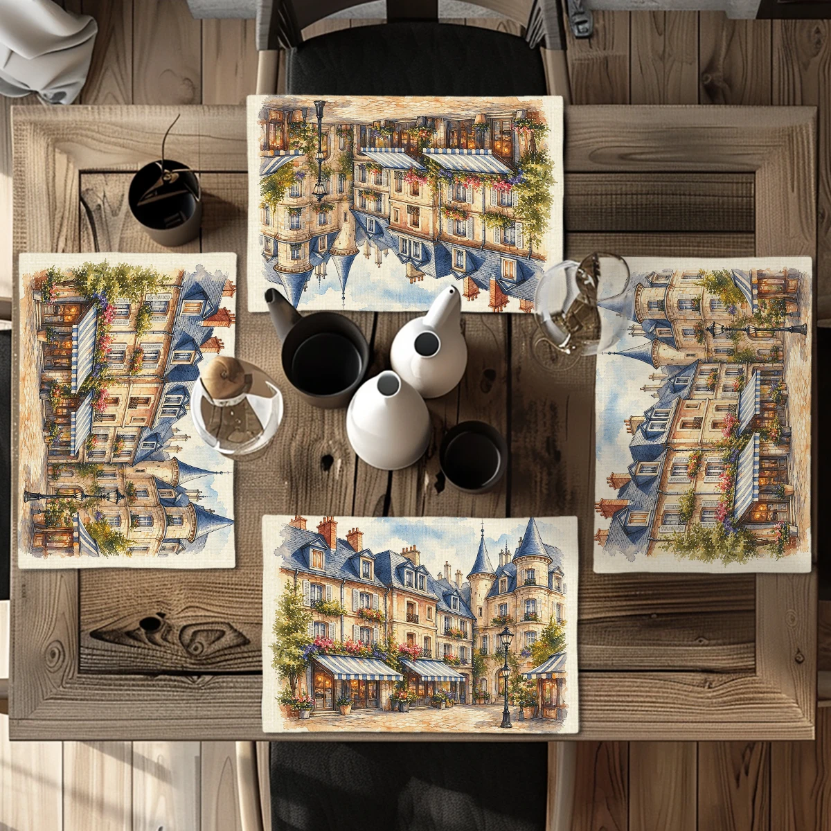 Cute Floral Cat Pattern Polyester Placemats - Set of 4, Decorative Table Mats for Home Dining, Kitchen and Party Use