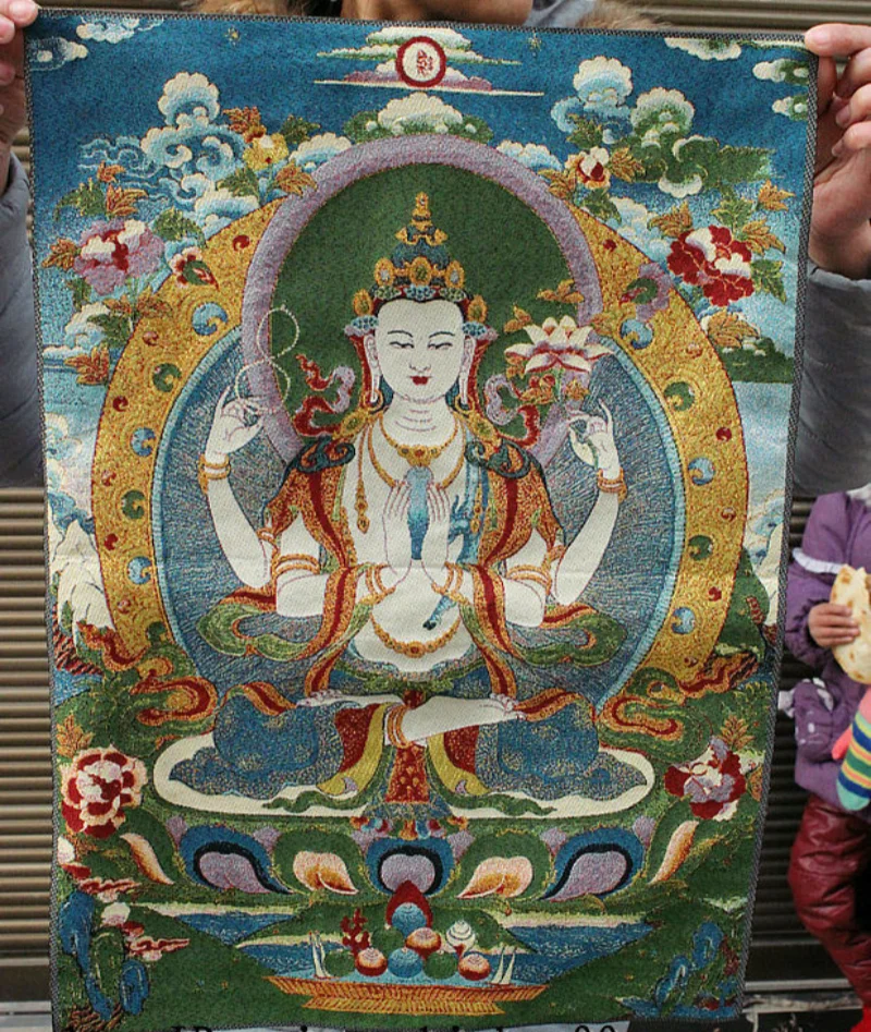 Tibet Cloth Silk 4 Hands Kwan-yin Guan Yin Buddha Thangka Mural Home Decorations