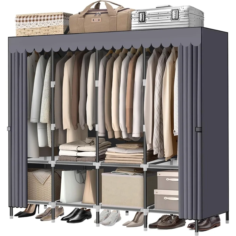 

wardrobe closet，Grey Portable Closet with Zippers， 65.4Inches 19mm diameter，portable closets for hanging clothes，with 4 booms