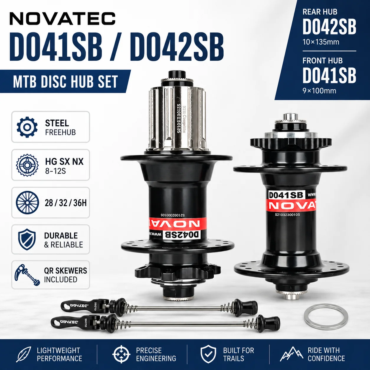Cubos MTB Novatec D041SB D042SB Dianteiro Traseiro Freehub Aço 28/32/36H HG SX NX 8-12V Freio Disco 6 Furos QR 9x100 10x135mm