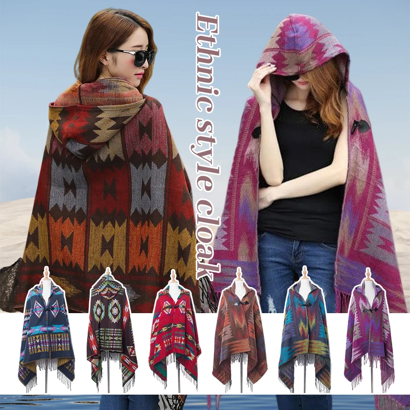 Spring Autumn Women Hooded Poncho Cape Cloak Fringed Tassel Shawl Wrap Sweater Bohemian Style Shawl Scarf Coat