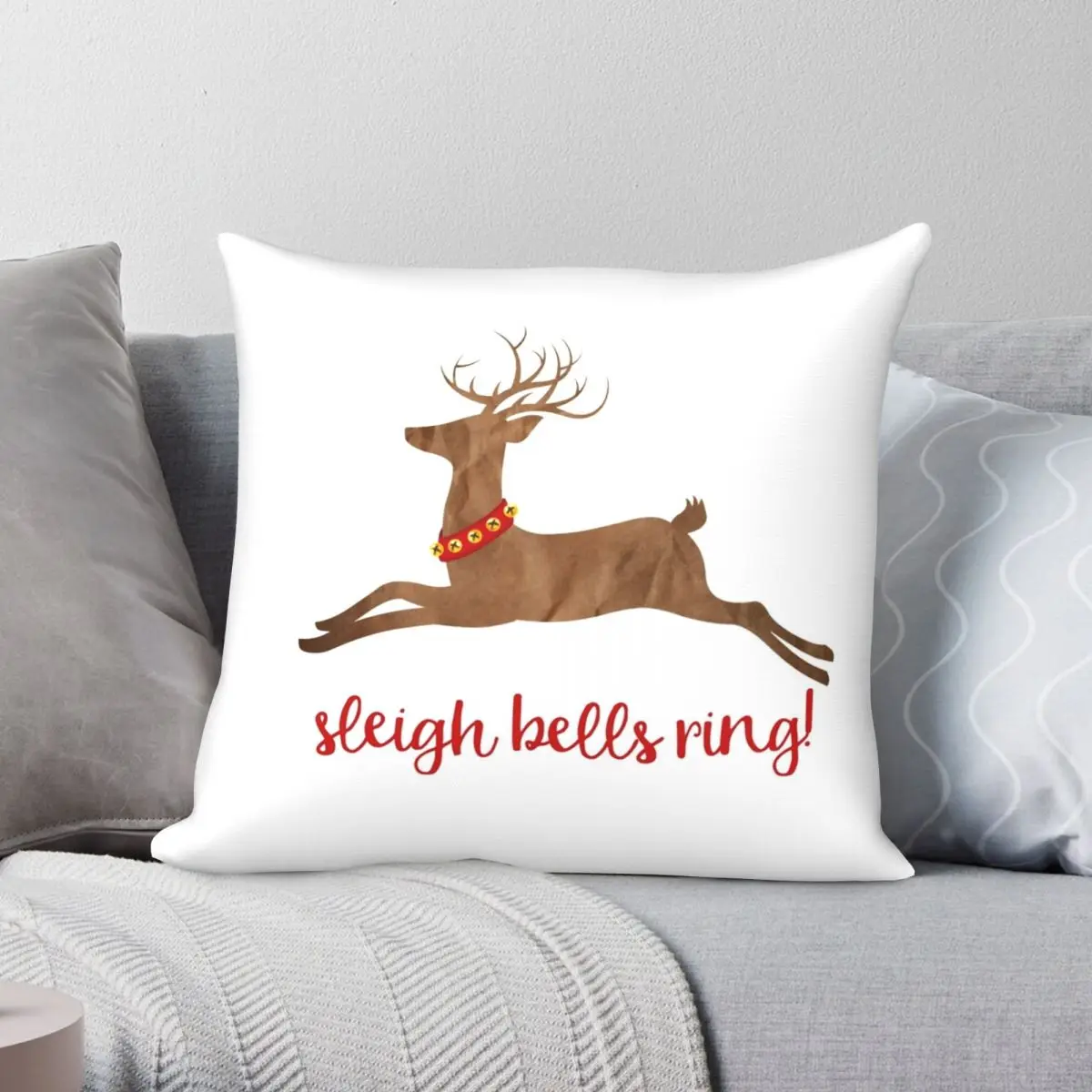 Sleigh Bells Ring Christmas Reindeer Pillowcase Polyester Linen Velvet Pattern Zip Decorative Pillow Case Home Cushion Cover