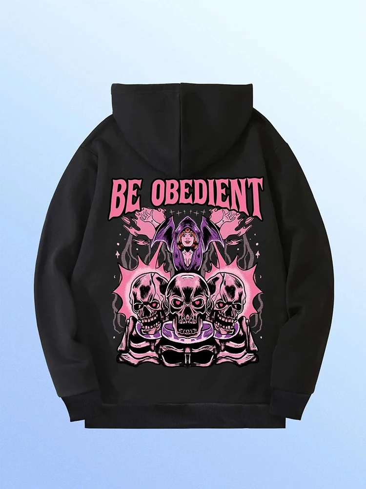 Be Obedient-Desenhos animados femininos com capuz estampado, moletom solto harajuku, capuz quente de lã, top vintage outono, moda gola redonda