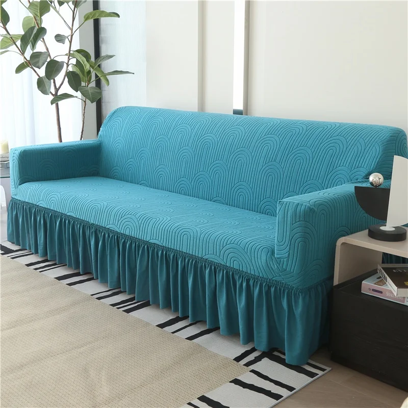 1/2/3/4 Seater Elastic Sofa Cover With Skirt Solid Color Thick Jacquard Sofa Protective Cover for Living Room