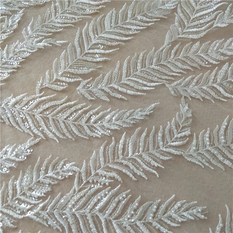 

1yard High quality mesh fabrics Leaf nail bead sequin embroidery tissu Wedding Dress Cheongsam fabric for patchwork