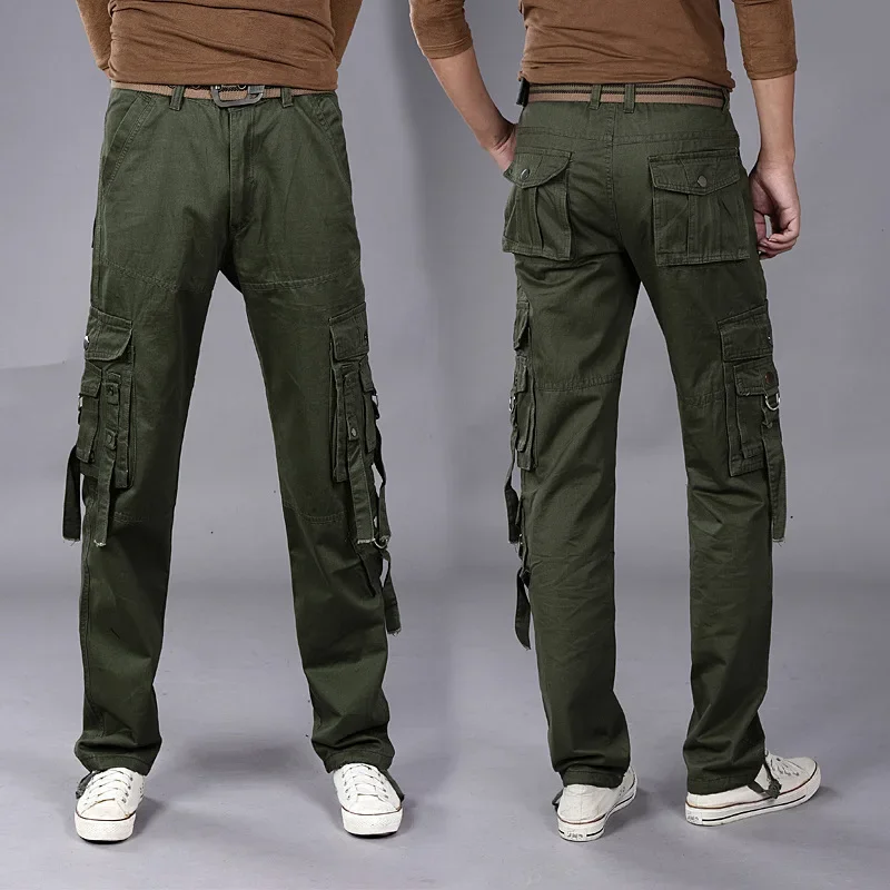 Mens Multi-pocket Loose Cargo Trousers Overalls Spring Autumn Outdoor Sports Hiking Camp Training Straight Cotton Military Pants