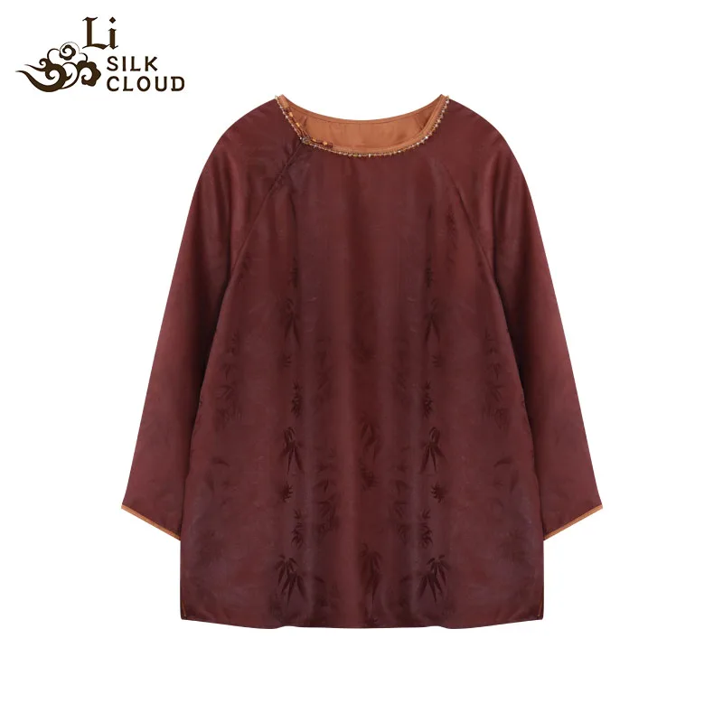 LI SILK CLOUD Xiangyunsha Stand-Collar Short Sleeve Top Ancient Style Oriental Patterns Guangdong Black Pearl  Guangdong Gauze