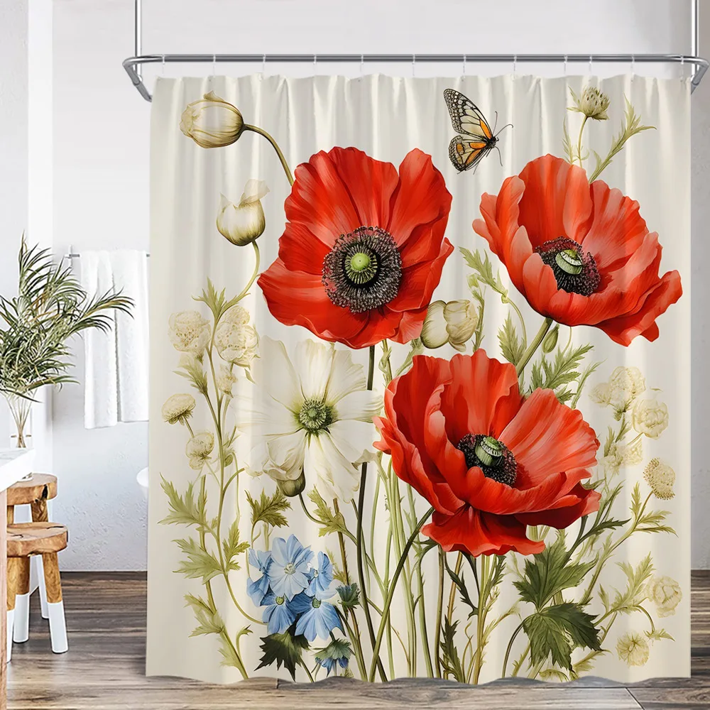 Butterfly Floral Shower Curtain Boho Flower Poppy Purple Blossom 3D Flowers Elegant Modern Bathroom Decor Polyester Bath Curtain