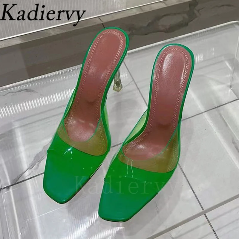 Sexy High Heels Slippers Women Candy Color PVC Summer Shoes Woman Square Peep Toe Slides Thin Heels Runway Sandals Woman