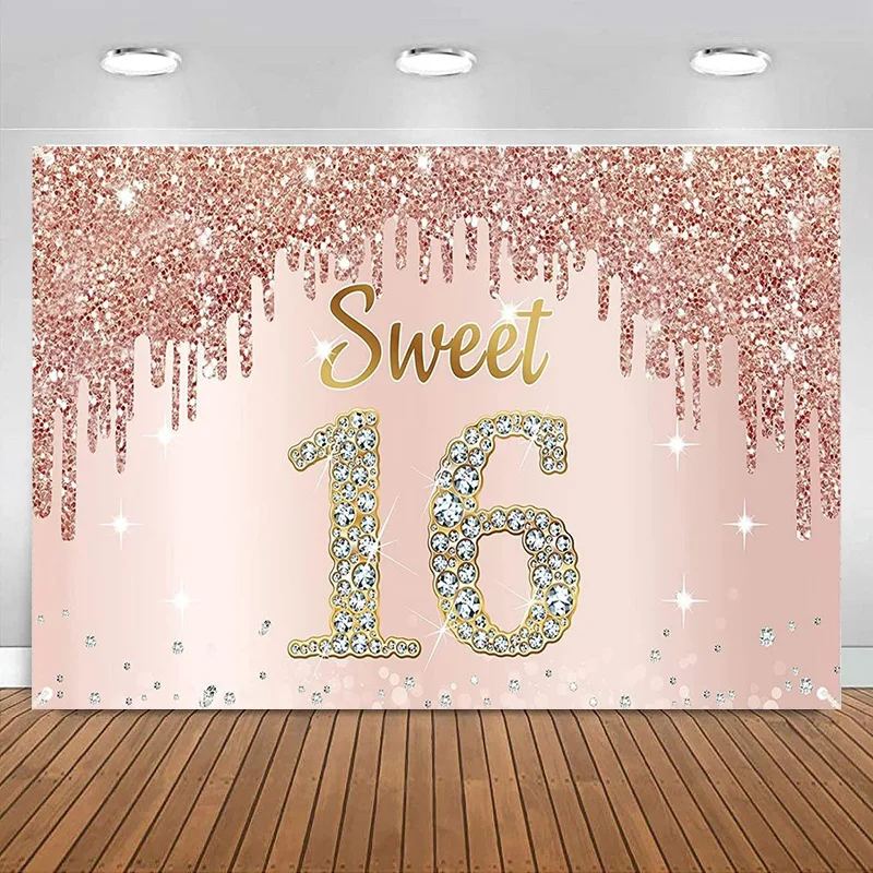 

Happy Sweet 16th Birthday Banner Backdrop Decorations for Girls Pink Sweet Sixteen Birthday Poster Background Photo Photography