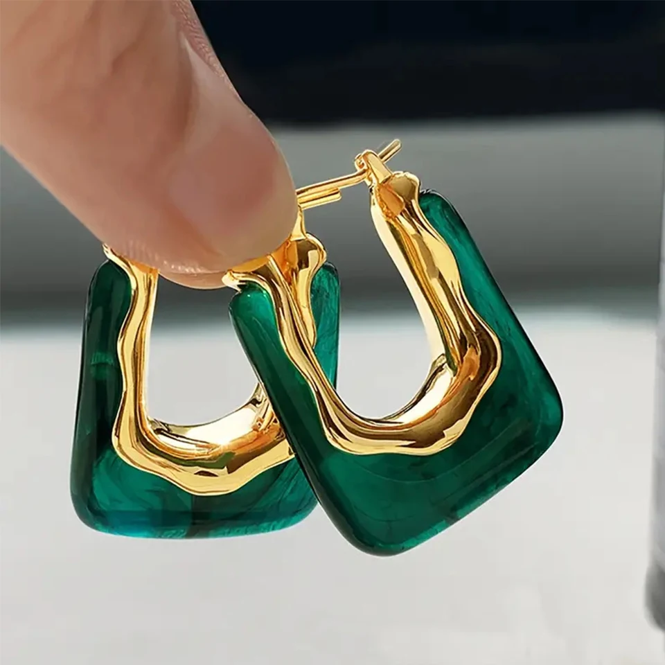 Yupsk French Fashion Vintage U-Shaped Hoop Earrings for Women Finish & Resin Drop Earring Party Daily Jewelry Gift