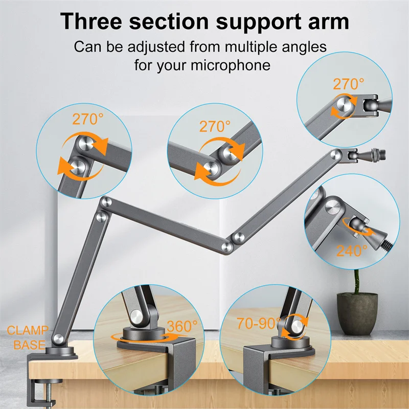 FULAIM Adjustable Microphone Boom Arm Stand with Cable Managment  for RODE/Shure Mic , Aluminum Mic Arm For Desktop Podcasting