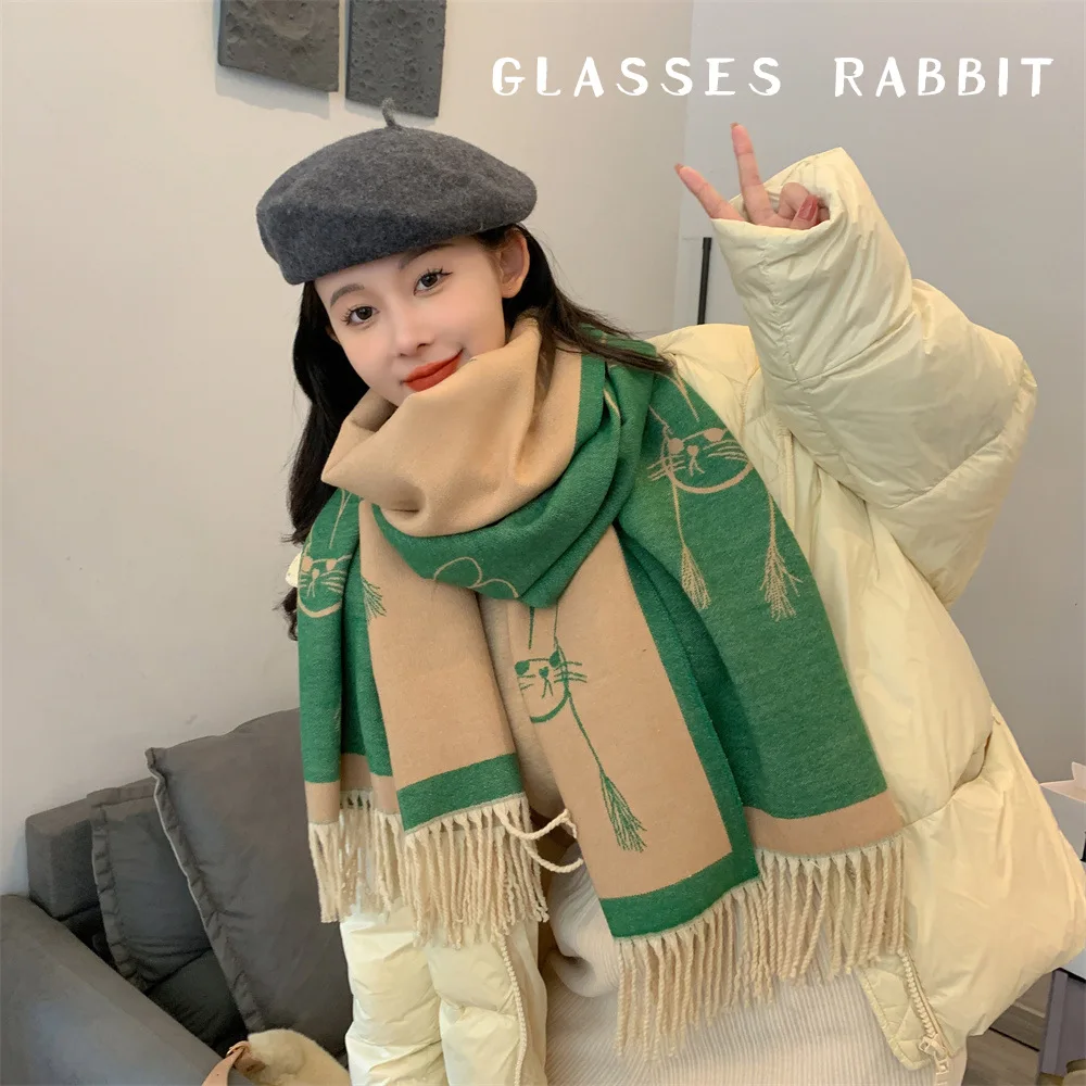 2022autumn and winter new ins cartoon rabbit cashmere handle women's scarf imitation sheep plus thick cashmere warm tassel shawl