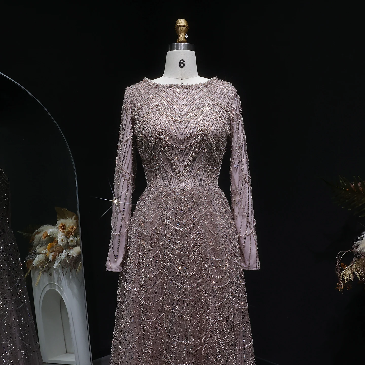 Sharon Said Luxuriöses Dubai-Abendkleid mit grünen Perlen und langen Ärmeln, Saudi-Arabisches Damen-Hochzeitskleid, formelle Partykleider SS625, maßgeschneidert – Detail 22