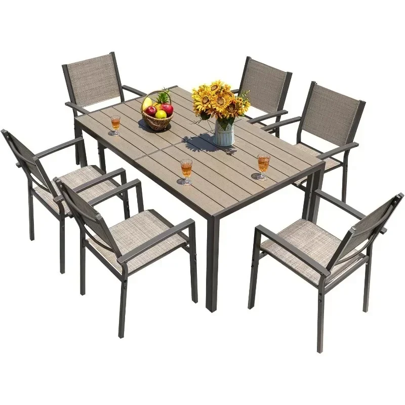 Patio Dining Set  Pieces Outdoor Furniture with Large Table Stackable Chairs