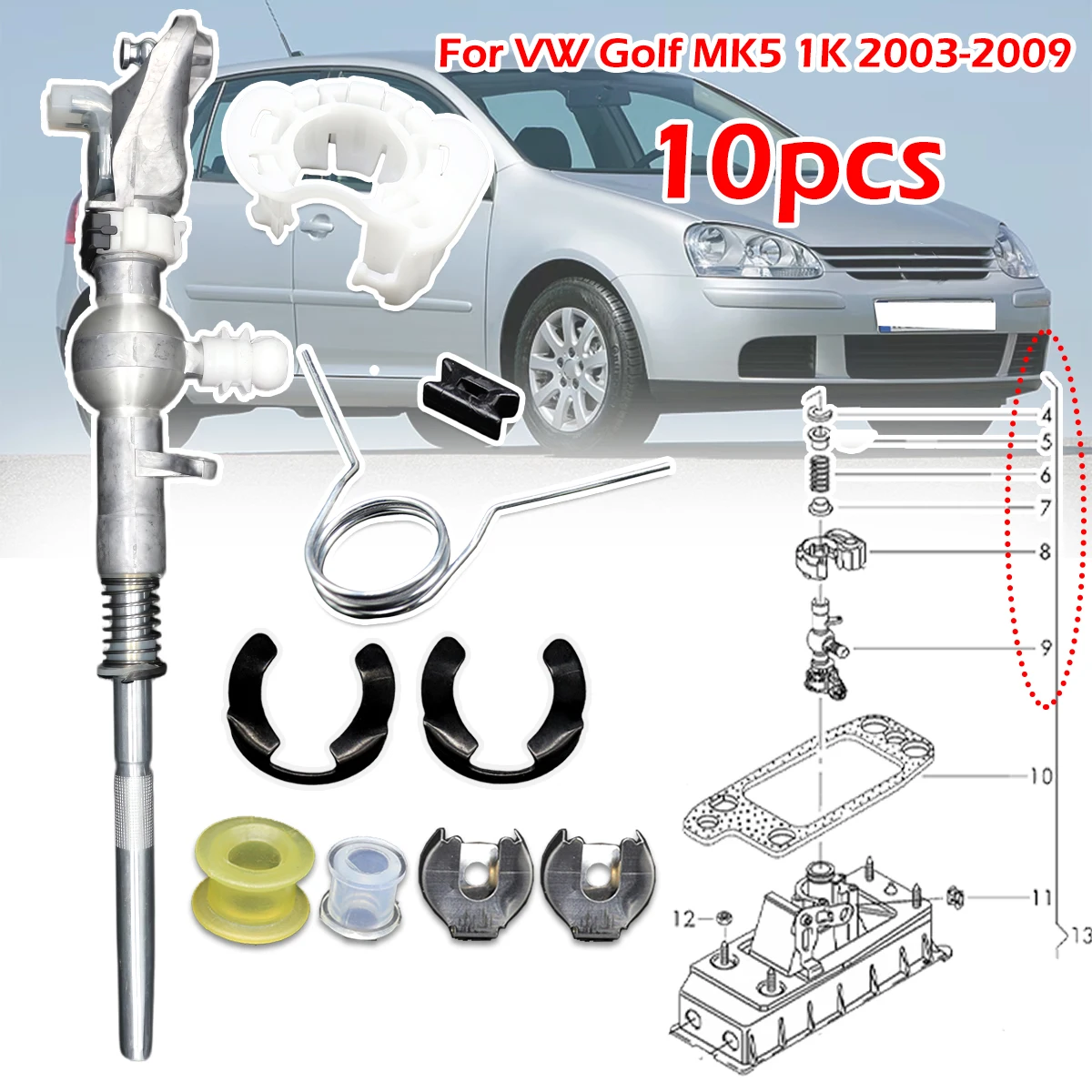 10pcs For VW Golf MK5 1K 2003-2009 Gearshift Lever Rebuild Kit with Gearshift Cable Bushing Lock Washer Set 1K0711116 1K0711265
