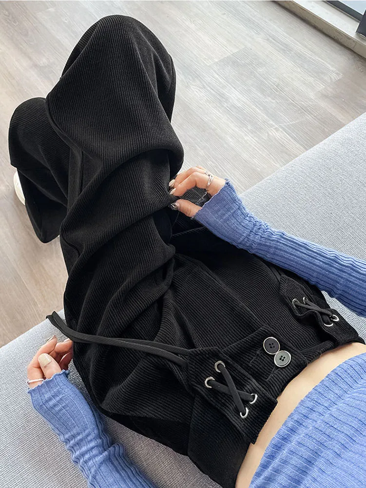Warm Corduroy Womens Wide Leg Pants Vintage Thick Straight Pantalones Casual Lace-up Plush Velvet Lined Sweatpants Winter Baggy