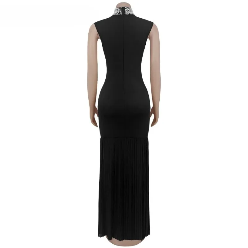 

Women Pearl Beading Stand Collar Bodycon Midi Maxi Long Pleated Dress 2025 Summer Vacation Holiday Sexy Party Dresses