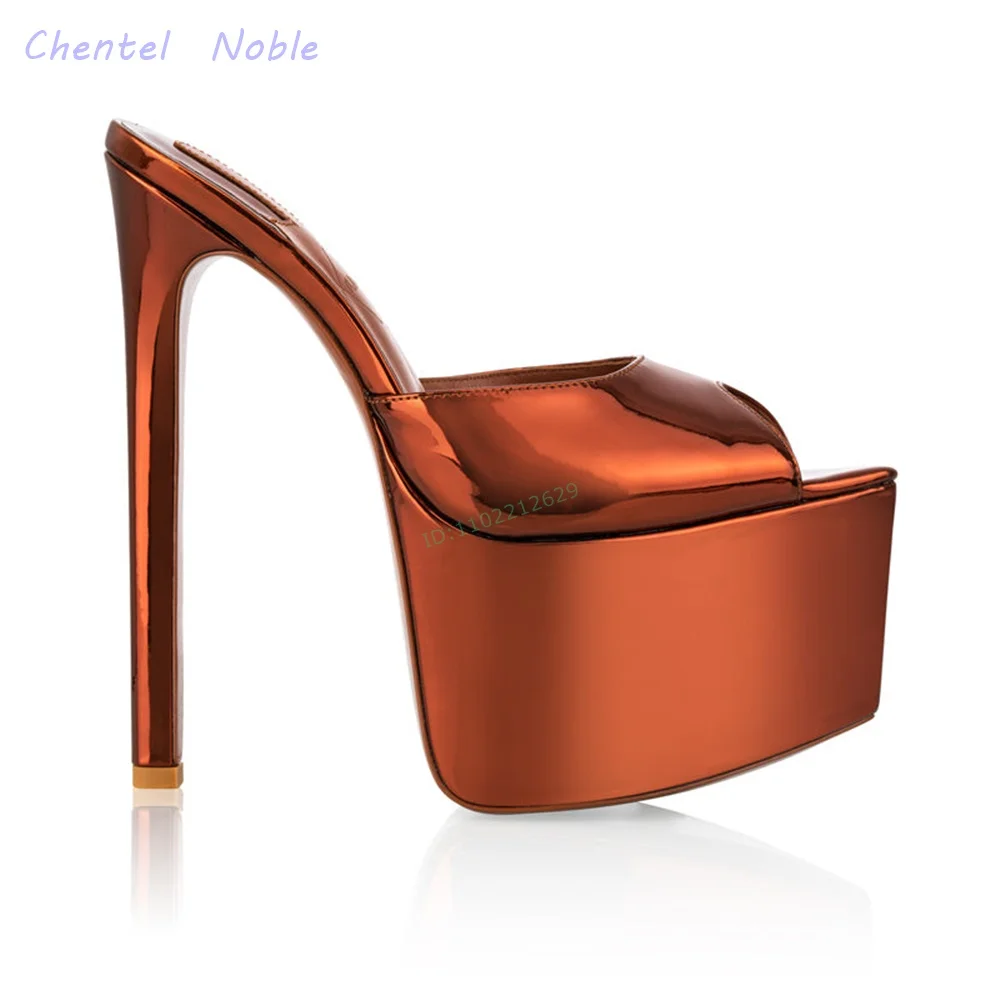 

Chocolate Mirror Leather Platform Mules Slippers Pointed Toe Slip-on Thin High Heels Summer Women Shoes 2024 New Arrivals