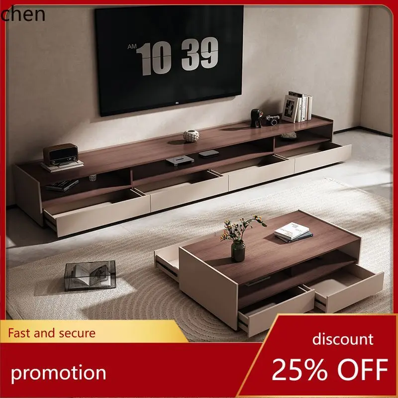 

CZ TV Cabinet and Coffee Table Set Modern Simple Villa Living Room Floor Stand High-End Double-Layer Solid Wood Floor-Standing