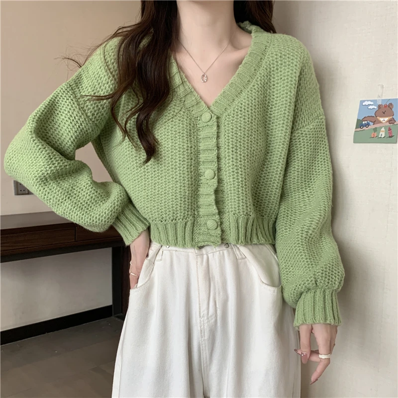 Cropped Boxy Button-Up Cardigan Sweater Women\'s Long Sleeve Plain Knitted Jacket Teen-girl Fall Winter Y2K 90s Outfit