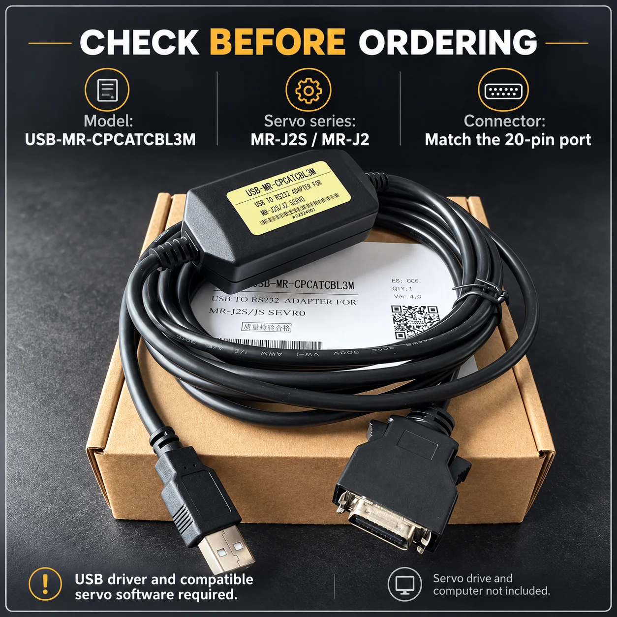 USB-MR-CPCATCBL3M Servo Programming Cable for Mitsubishi MR-J2S MR-J2 USB to RS232 Communication Adapter 3M