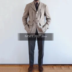 Wool Suit Man Casual Commuting Autumn and Winter Men's Clothing Men's Blazer Slim Fashion Design Belt Woolen Fabric Costume