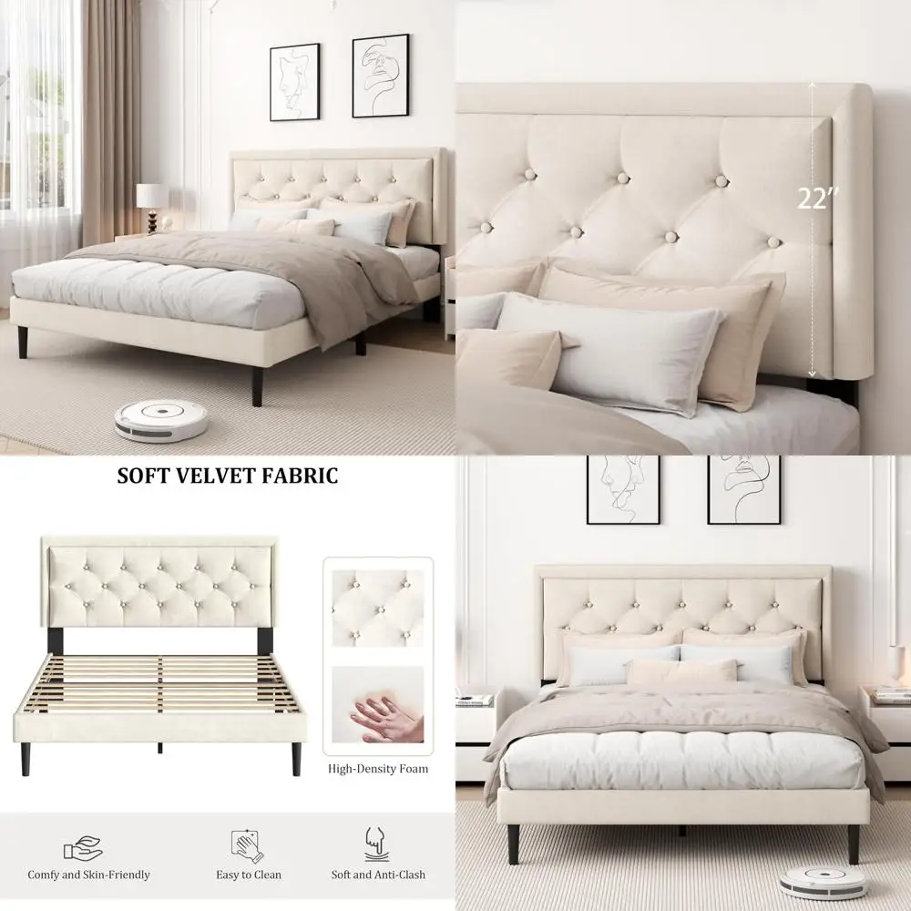 

Queen Size Velvet Button Tufted Upholstered Bed Frame with Wooden Slat Mattress Support Platform