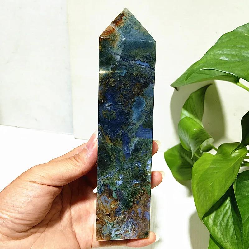 Natural Stones Moss Agate Crystal Tower Wand Point Reiki Wicca Chakra Spiritual Healing Crystals Room Decoration