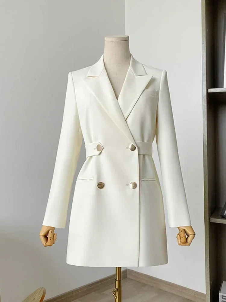 Fashion Woman Blazer 2024 Waist Slim Double Breasted Dress Suit Jacket Spring New Pure Color Elegant Straight White Blazer