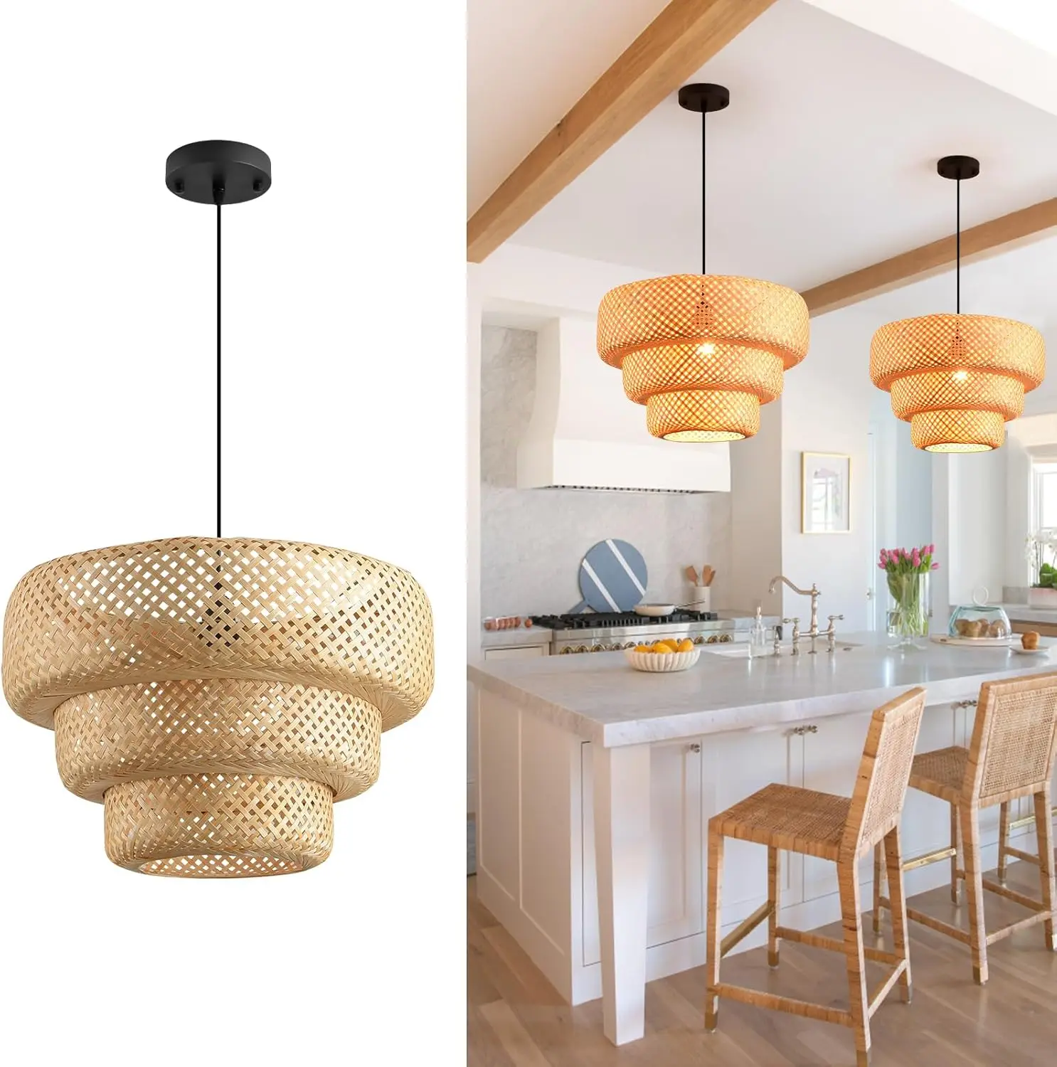 18.12’ Woven Bamboo Pendant Light, Bohemian Rattan Light Fixture For Kitchen Island Dining Room Farmhouse Chandelier