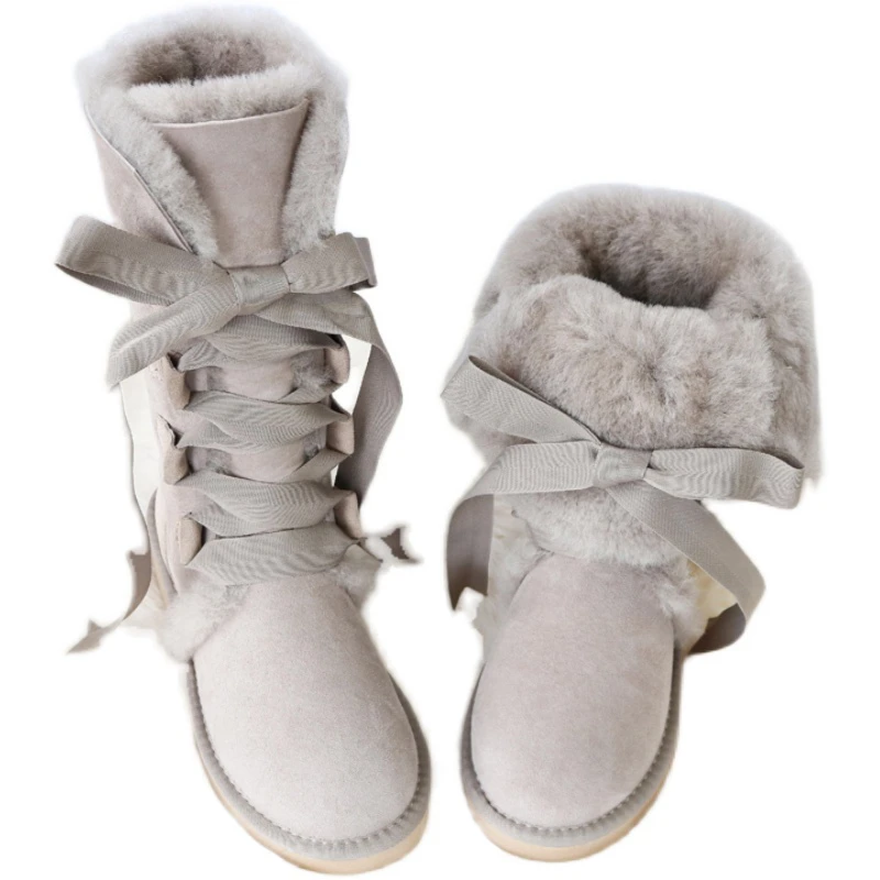 New Winter Pink Lolita Shoes Women Short Snow Boots Kawaii Platform Lace Up Think Warm Genuine Sheep Leather Plush Wool