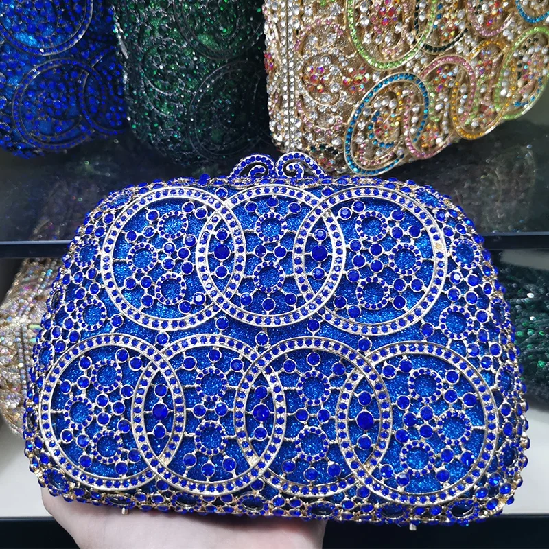 

XIYUAN Silver Metal Blue Rhinestone Circle Shape Bag Evening Crystal Clutch Party Prom Diamond Clutches Gemstone Wedding Purses