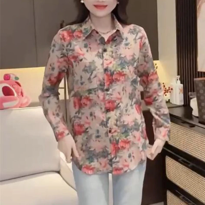 Women Clothing Stylish Vintage Floral Print Button Up Shirt Casual Chic Lapel Blouse Spring Autumn Long Sleeve Loose Tops Blusas