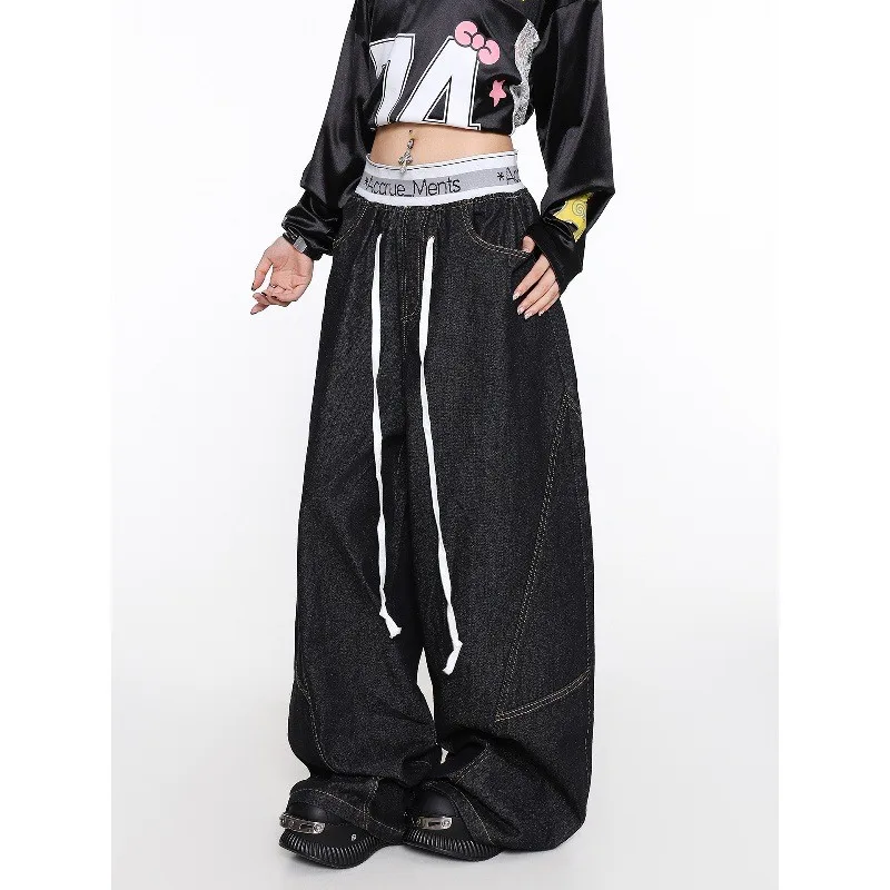 스트리트 스타일 와이드 레그 진 여성용 루즈핏 플로어 길이 댄스 캐주얼 스트레이트 컷 바지 편안한 스트레치 데님 팬츠