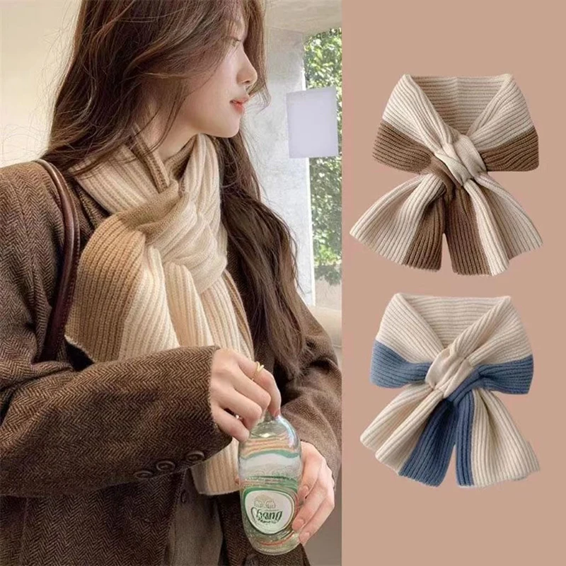 Bufanda de punto de estilo coreano para mujeres y niñas, bufandas suaves de colores de retales cruzados para otoño e invierno, protección cálida para el cuello para mujer