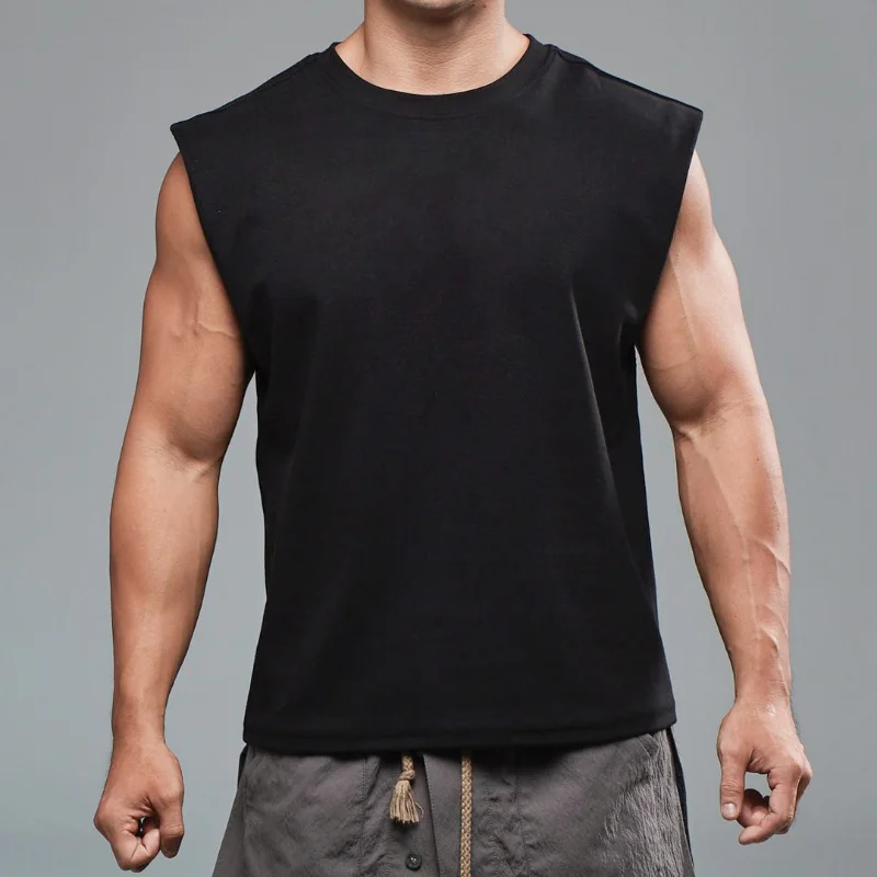 Cotton Sprort T-shirt Bodybuilding Slim Shirts Sleeveless Tank Tops Gym Workout Shirt Men Sportwear Loose Summer T Shirt Men