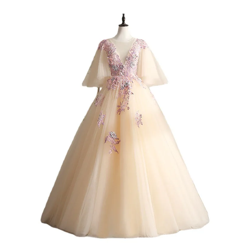 جديد عميق الخامس مرحلة طويلة أداء منفرد فستان الزفاف الملونة استضافة الفن امتحان استوديو موضوع نفخة فستان حزام أنيق #5