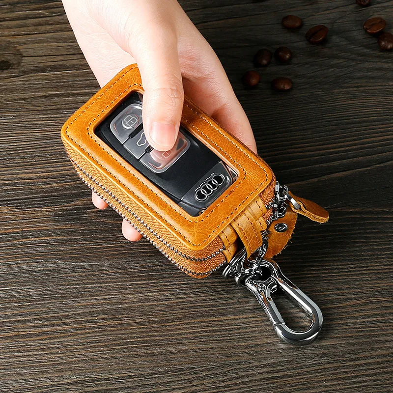 Double-layer multi-functional car key case, genuine leather home waist-hung key cover for both men and women