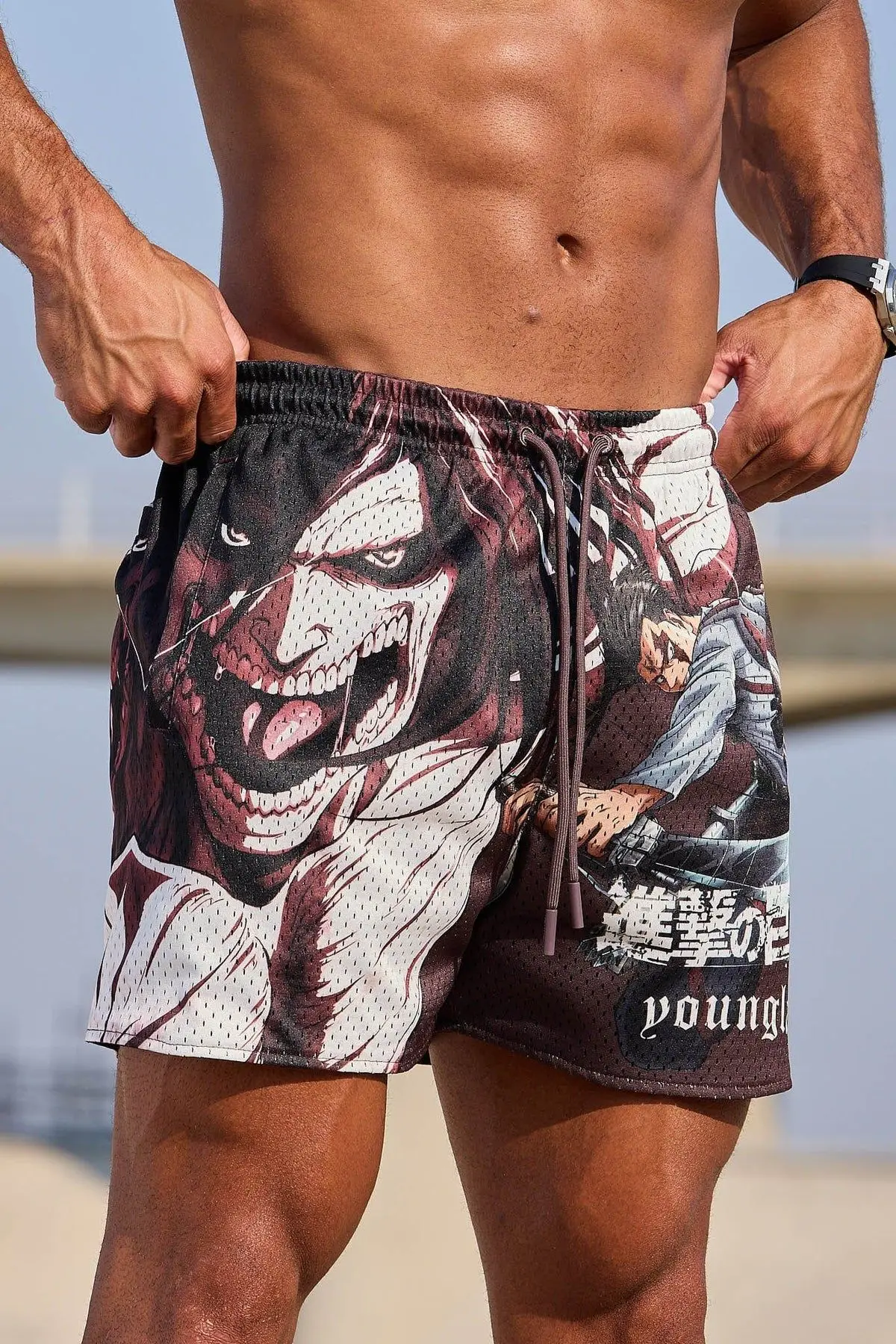 Shorts da moda americana masculina, estilo anime legal, malha de secagem rápida, estiramento respirável, calção de cordão, calça de praia casual