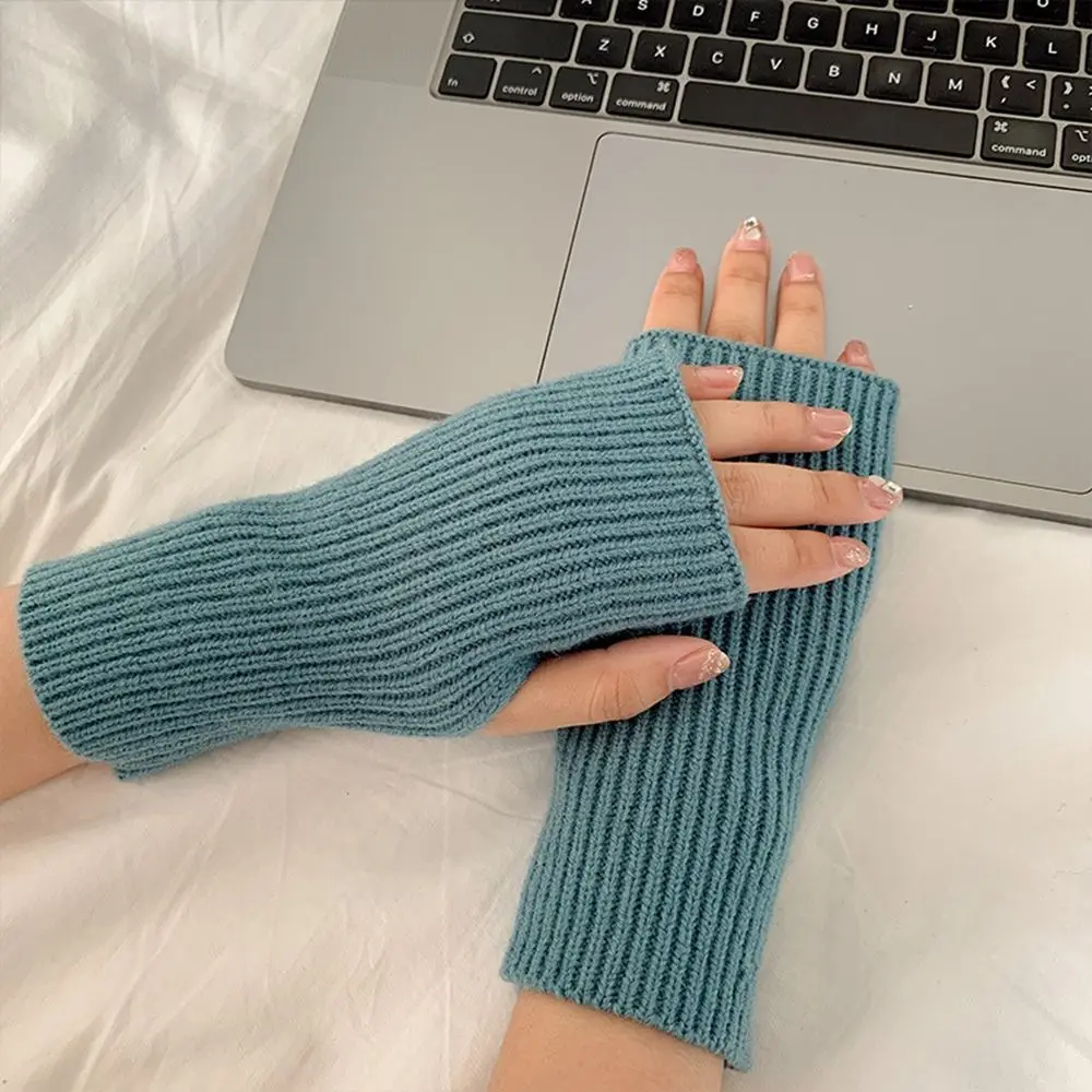 

Warm Soft Solid Color Driving Gloves Men Autumn And Winter Knitted Mittens Half-finger Gloves Plus Velvet Female Gloves