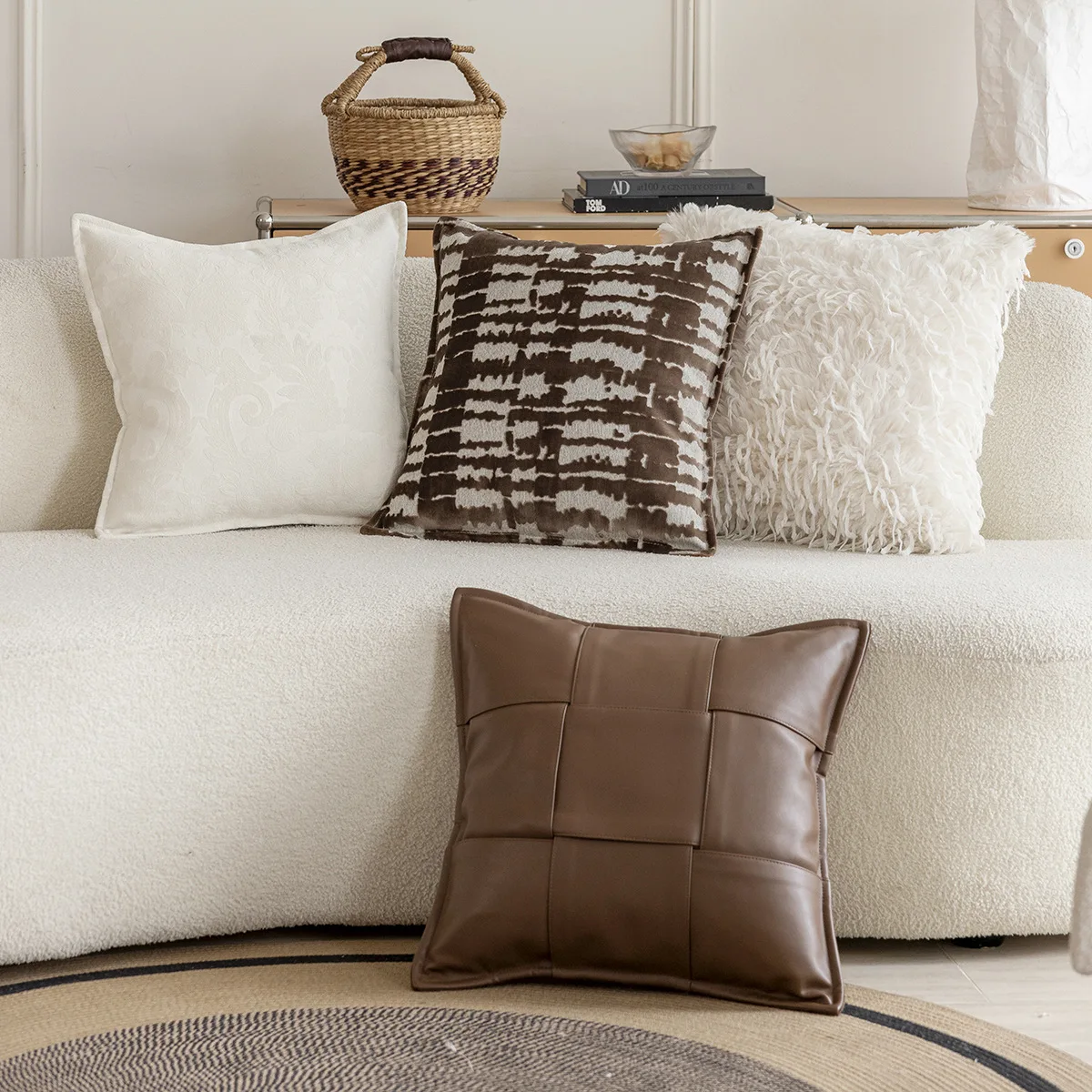

Square Brown Leather Woven Cushion Cover Advanced Luxury Retro PillowCovers Decorative Modern Jacquard Pillowcase for Home Decor