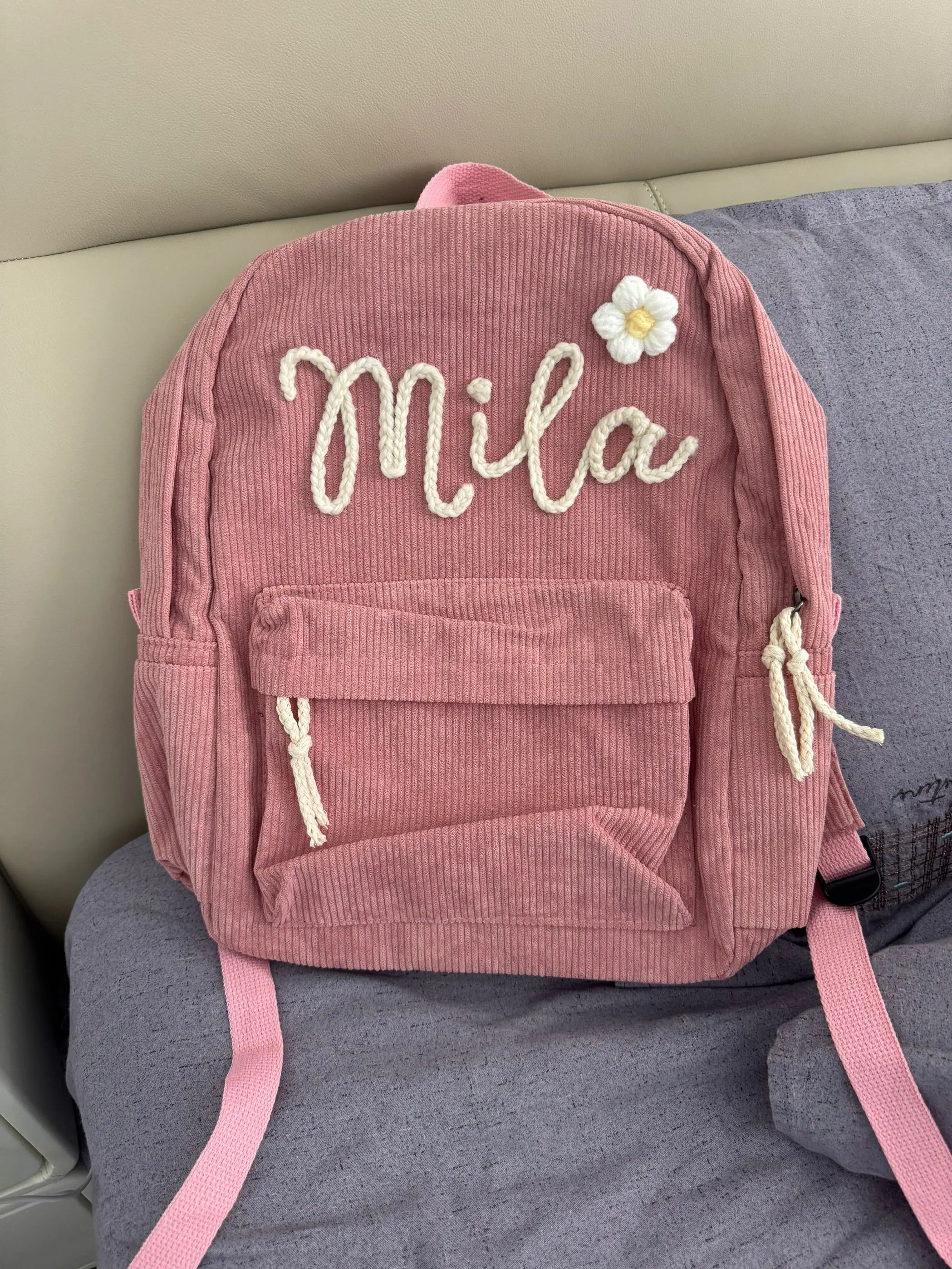 Personalized Hand-Embroidered Corduroy Backpack | Embroidered School Bag for Kids | Child's Toddler Backpack