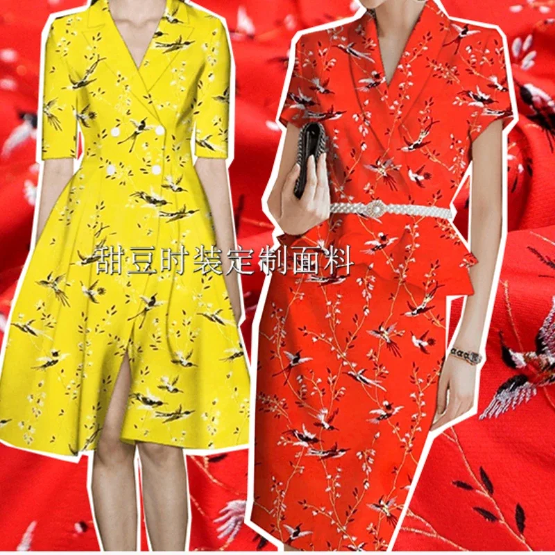 Gold Silk Brocade Jacquard Fabric Flower and Bird Dress Coat Clothing European Brand Fashion Design Wholesale Materials Cloth