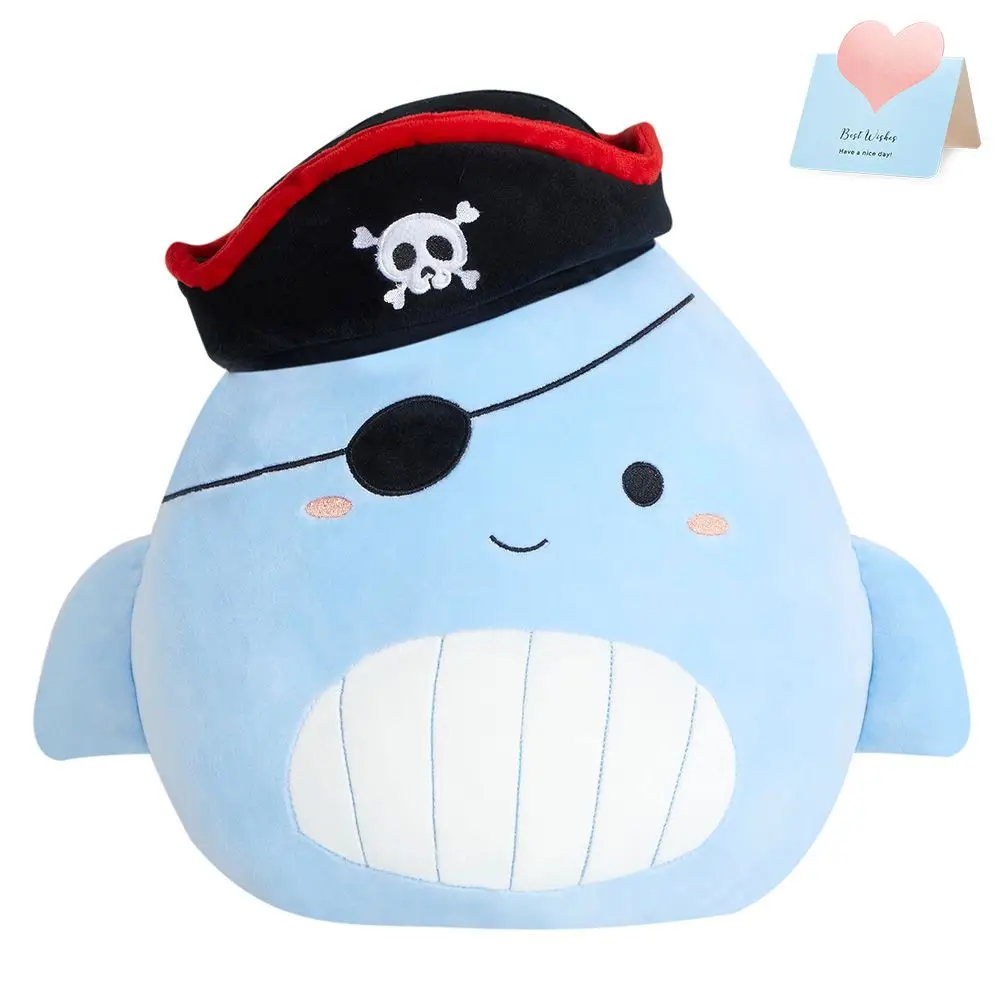 36cm One-eyed Pirate Whale Stuffed Pillow Blue Whale Round Pillow Plush Toys Cartoon Creative Design Children Gifts for Boys